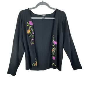 OBEE Black Floral Embroidered Silk‎ Nylon Open Cardigan Sweater Size L
